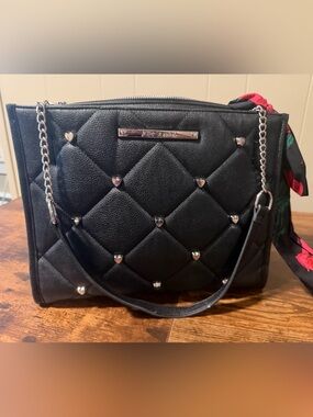 Betsey Johnson Black Quilted Heart-Studded Shoulder Bag